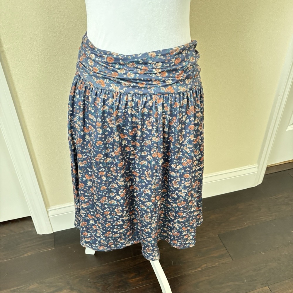 Naggoo Womens Elastic Rolled Waistband Sz M Side Pockets Blue Floral Skirt Midi